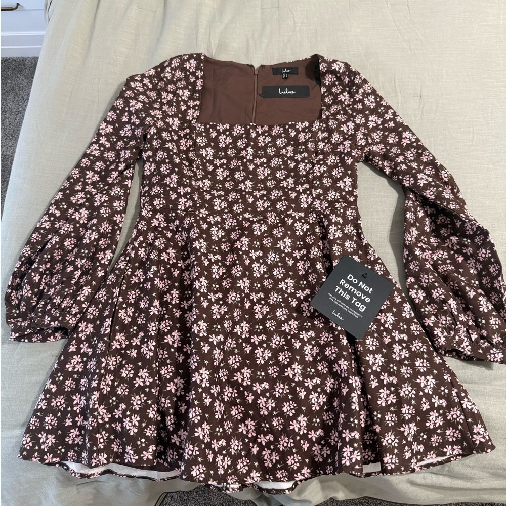 Lulus Brown Floral Square-Neck Long Sleeve Dress NWT